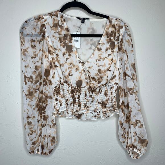 NWT Express Fall Crop Top Long Sleeve Chiffon Sz XS Brown Cream - Picture 5 of 10
